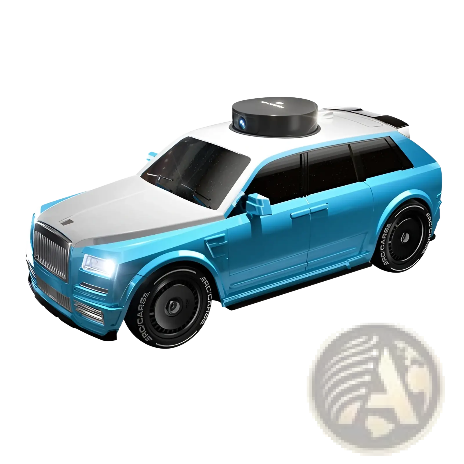 Rc suv with camera and 4.3 inch screen control in sleek two-tone blue and white with black rims and rooftop projector