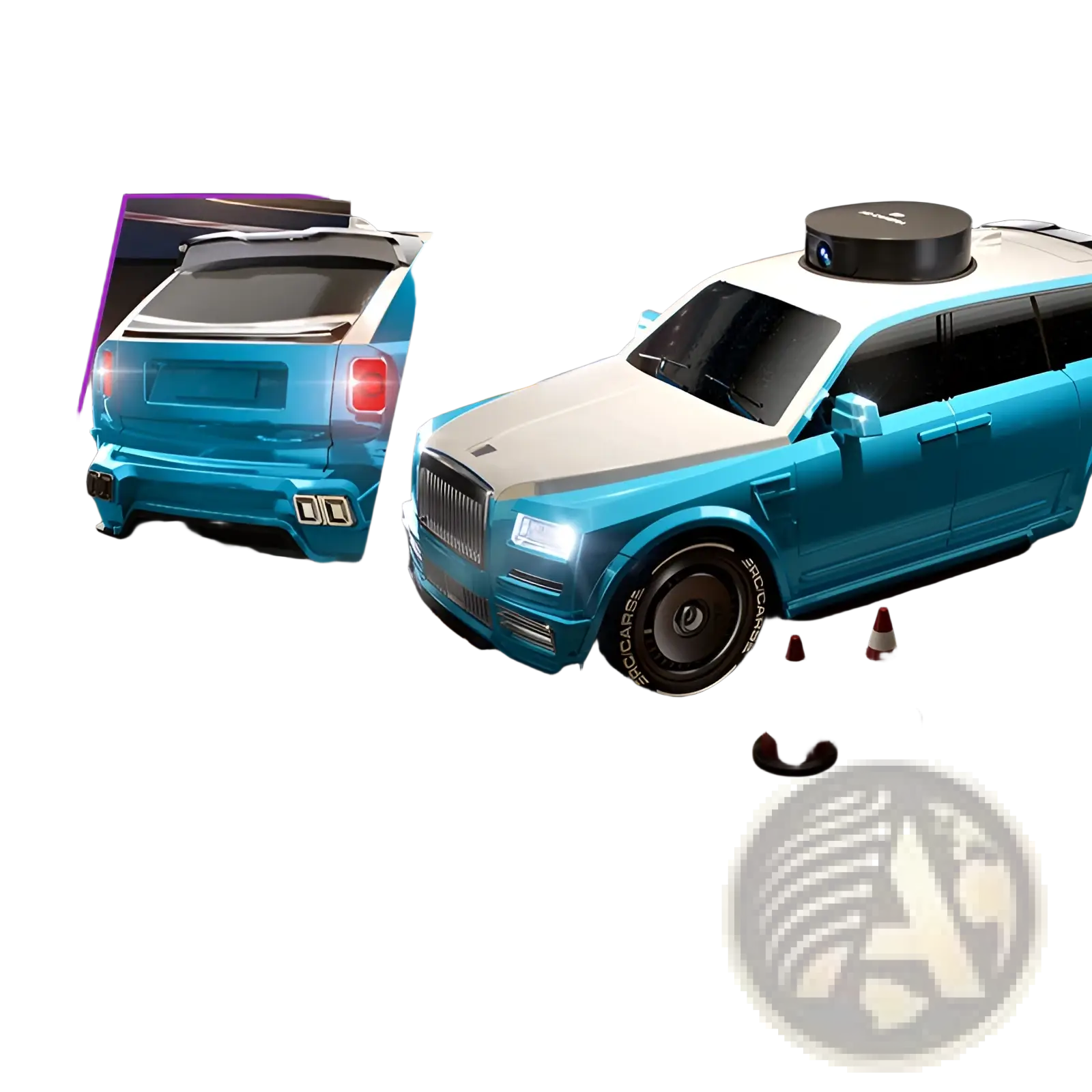 Rc suv toy car in sleek two-tone blue and white with a black roof-mounted camera and 4.3 inch screen control