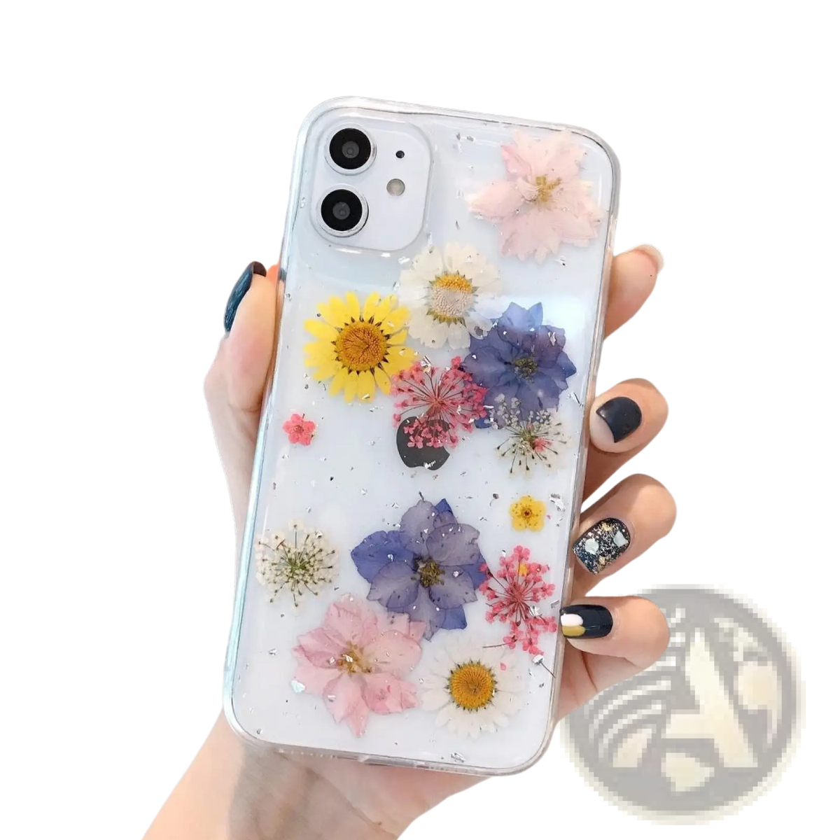 A clear tpu phone case with real dried flowers in pink yellow purple and white shown from the back side