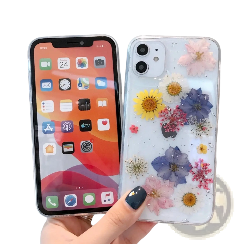 A clear tpu phone case with real dried pink yellow and blue pressed flowers shown from the back side