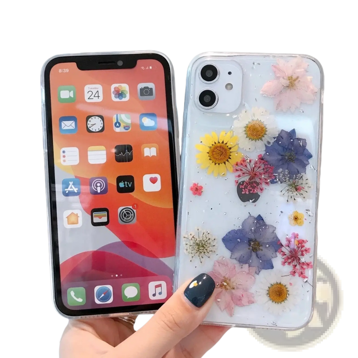 A clear tpu phone case with real dried pink yellow and blue pressed flowers shown from the back side