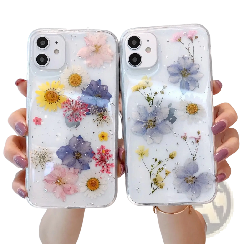 Two clear tpu phone cases with real dried flowers in pastel pink purple yellow and white shown from the back side