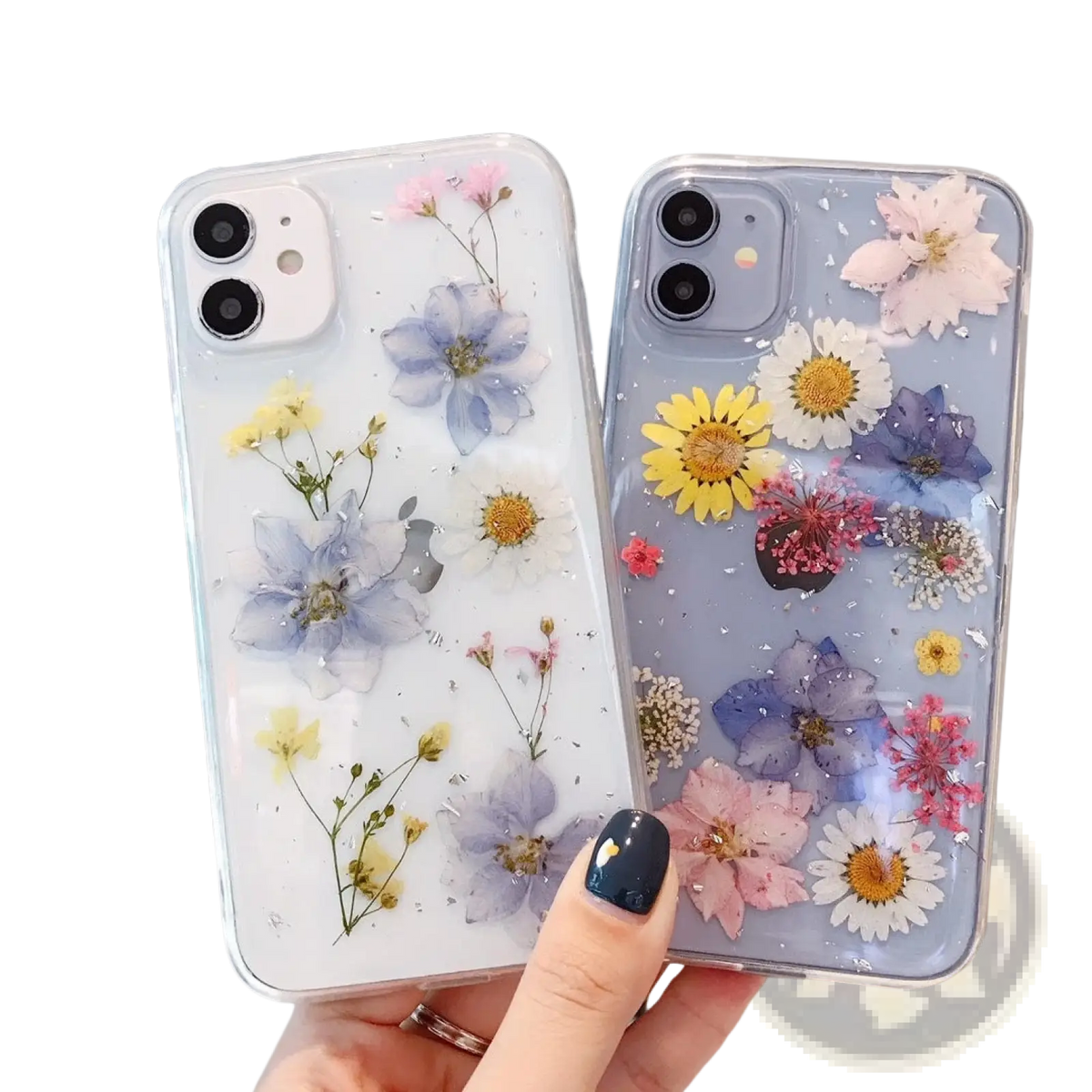 Two transparent tpu phone cases with real dried flowers in pastel lavender yellow and pink shown from the back side