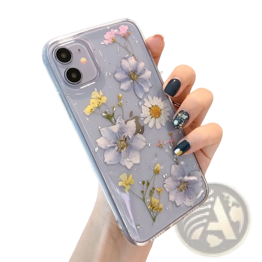 Back side of a real dried flower clear phone case with pressed lavender daisies and yellow flowers in translucent tpu resin