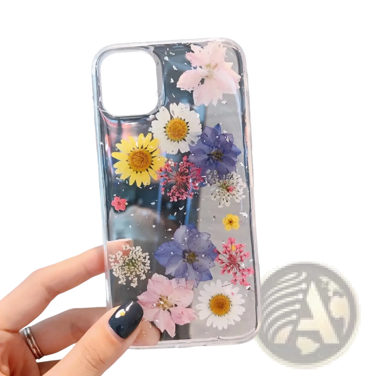Back side of a real dried flower clear phone case with vibrant yellow white pink and purple pressed flowers tpu cover