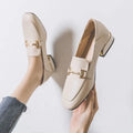 Beige leather women’s British style loafers with gold-tone horsebit buckle and block heel for elegant wear
