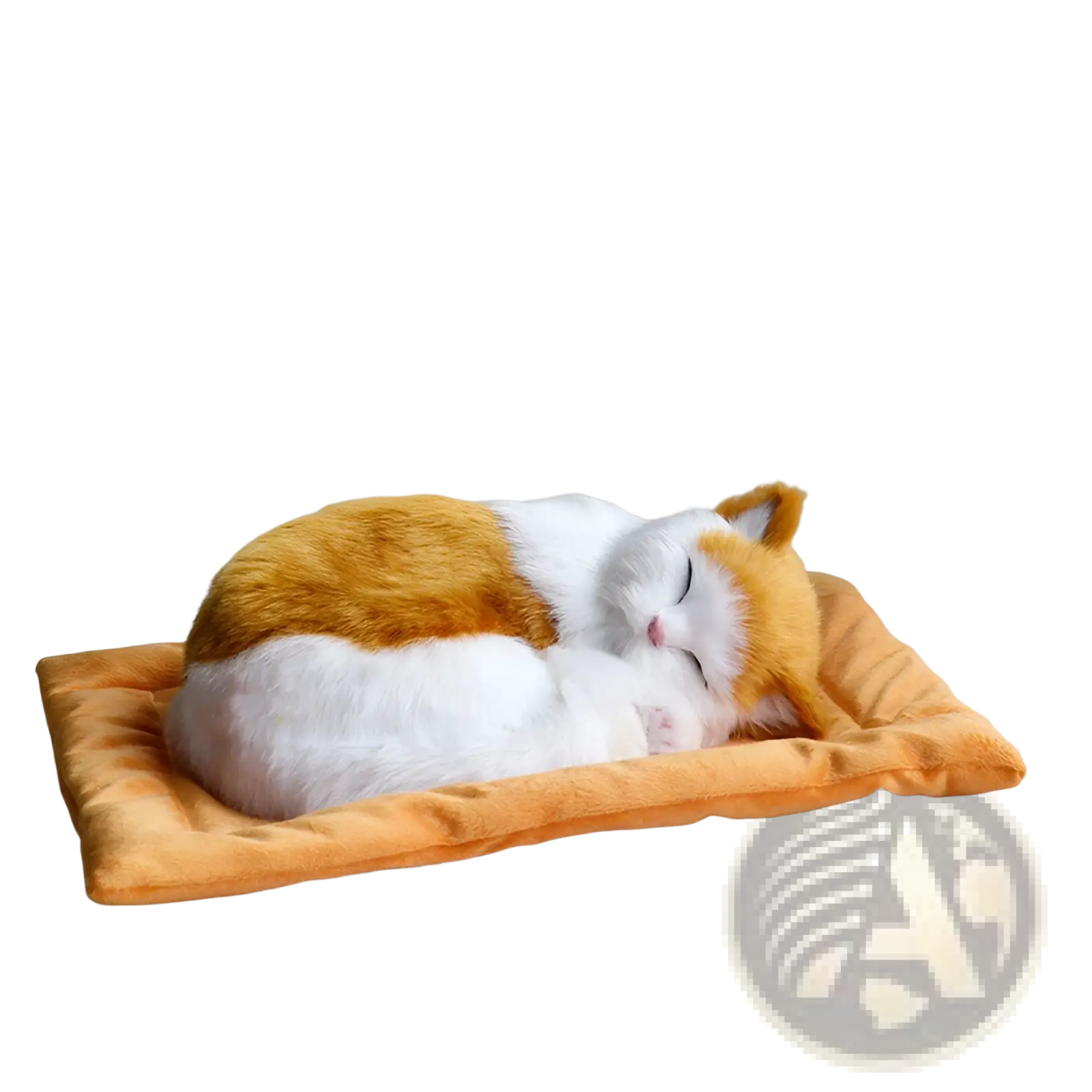 A realistic breathing plush calico cat figurine with white and orange fur resting on a golden-orange cushion pet bed