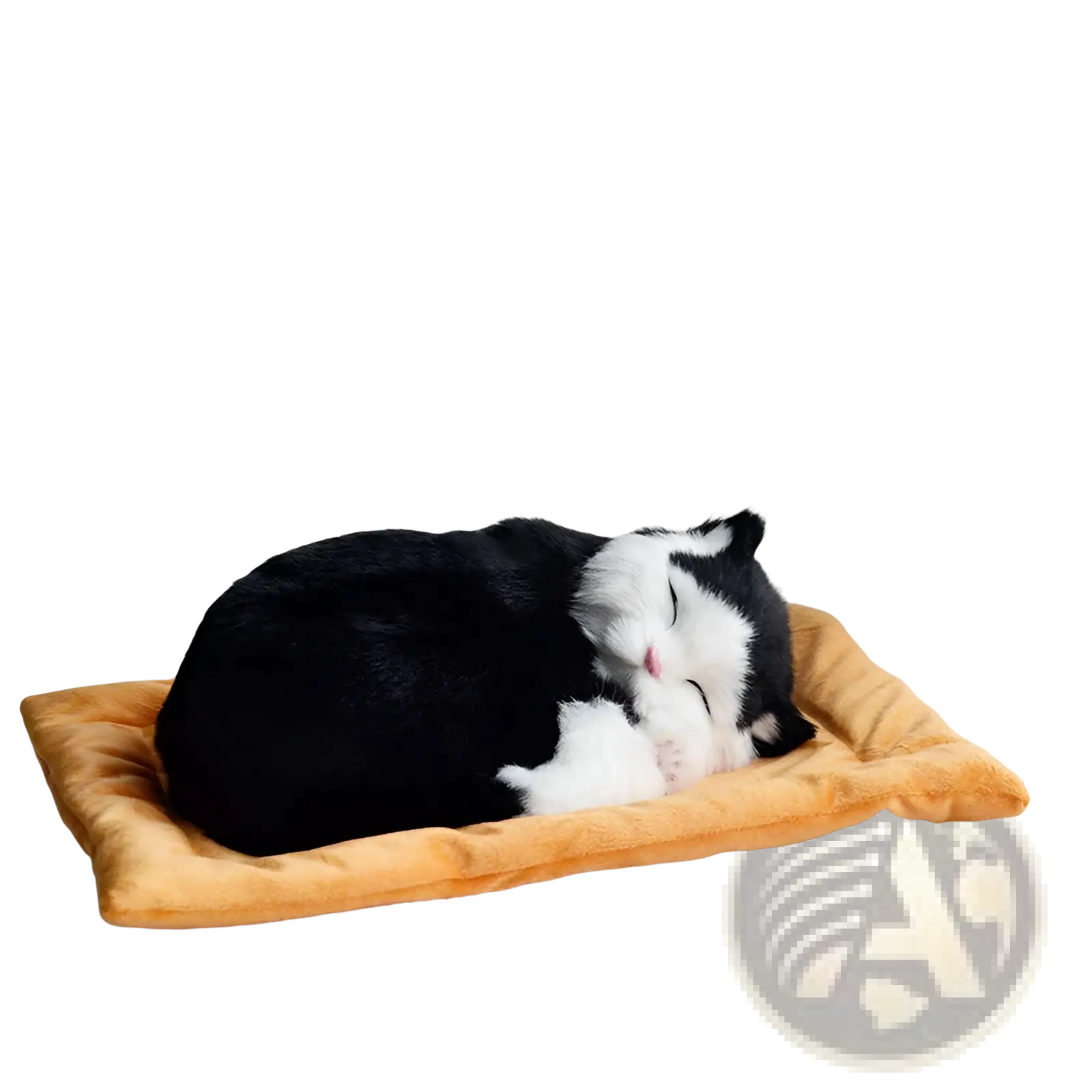 Realistic breathing black and white plush cat figurine resting on a soft orange cushion pet bed