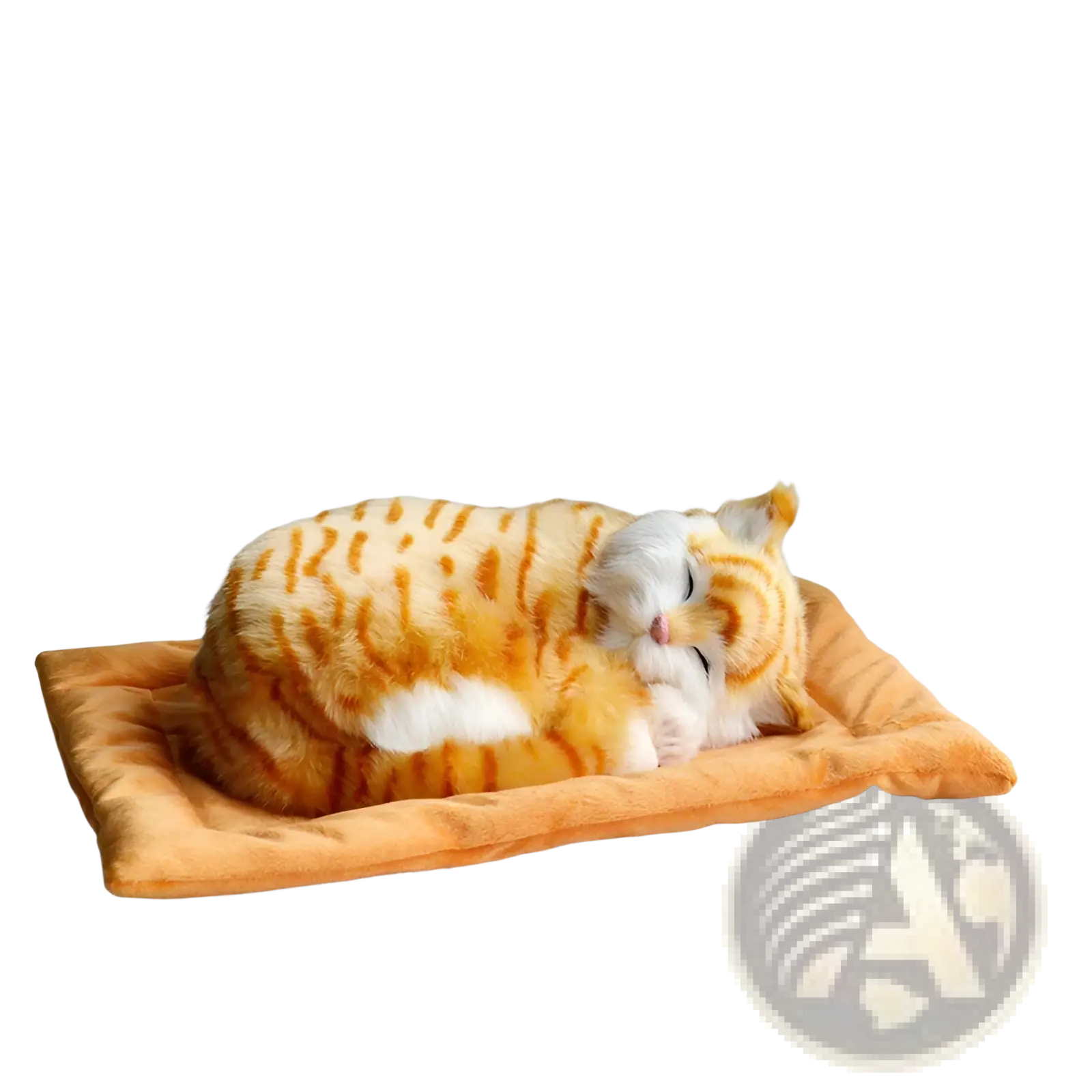 A realistic breathing plush orange and white tabby cat figurine sleeping on a soft rectangular pet bed cushion