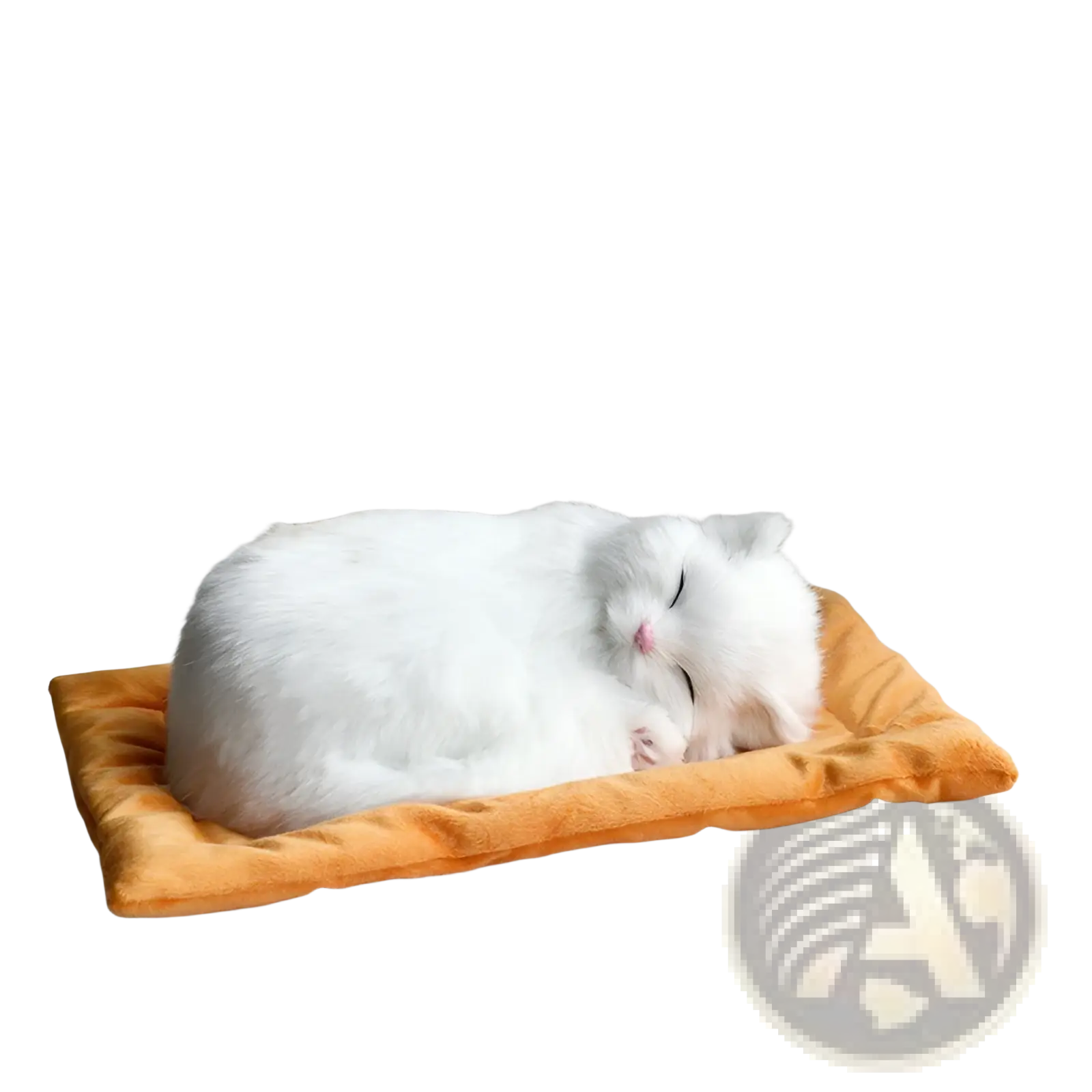 Realistic breathing plush cat figurine in white curled up asleep on a soft orange plush pet bed