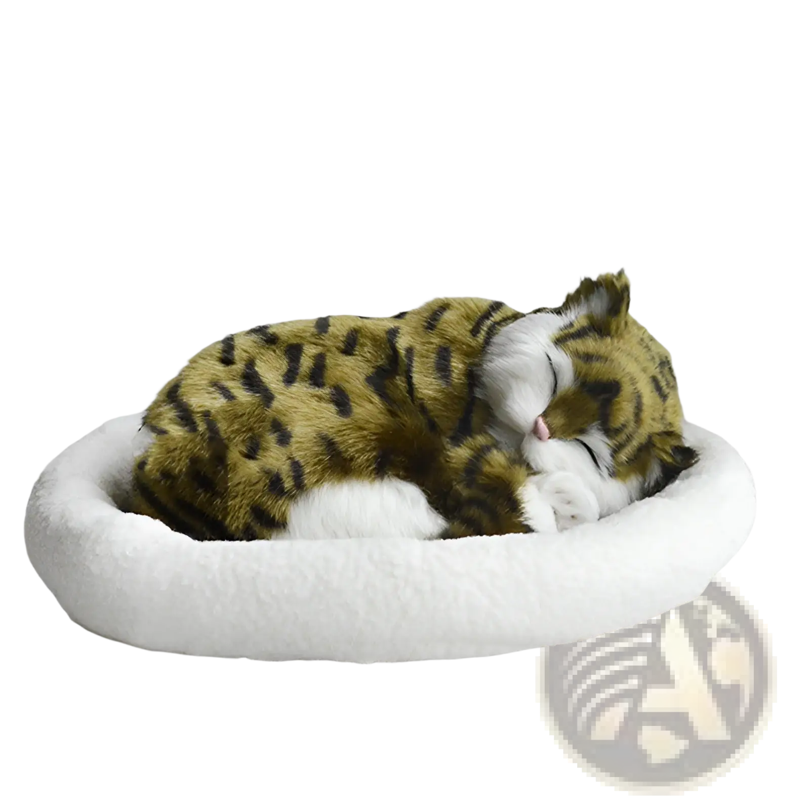 A realistic breathing plush tiger figurine with yellow and black spots resting in a soft white pet bed