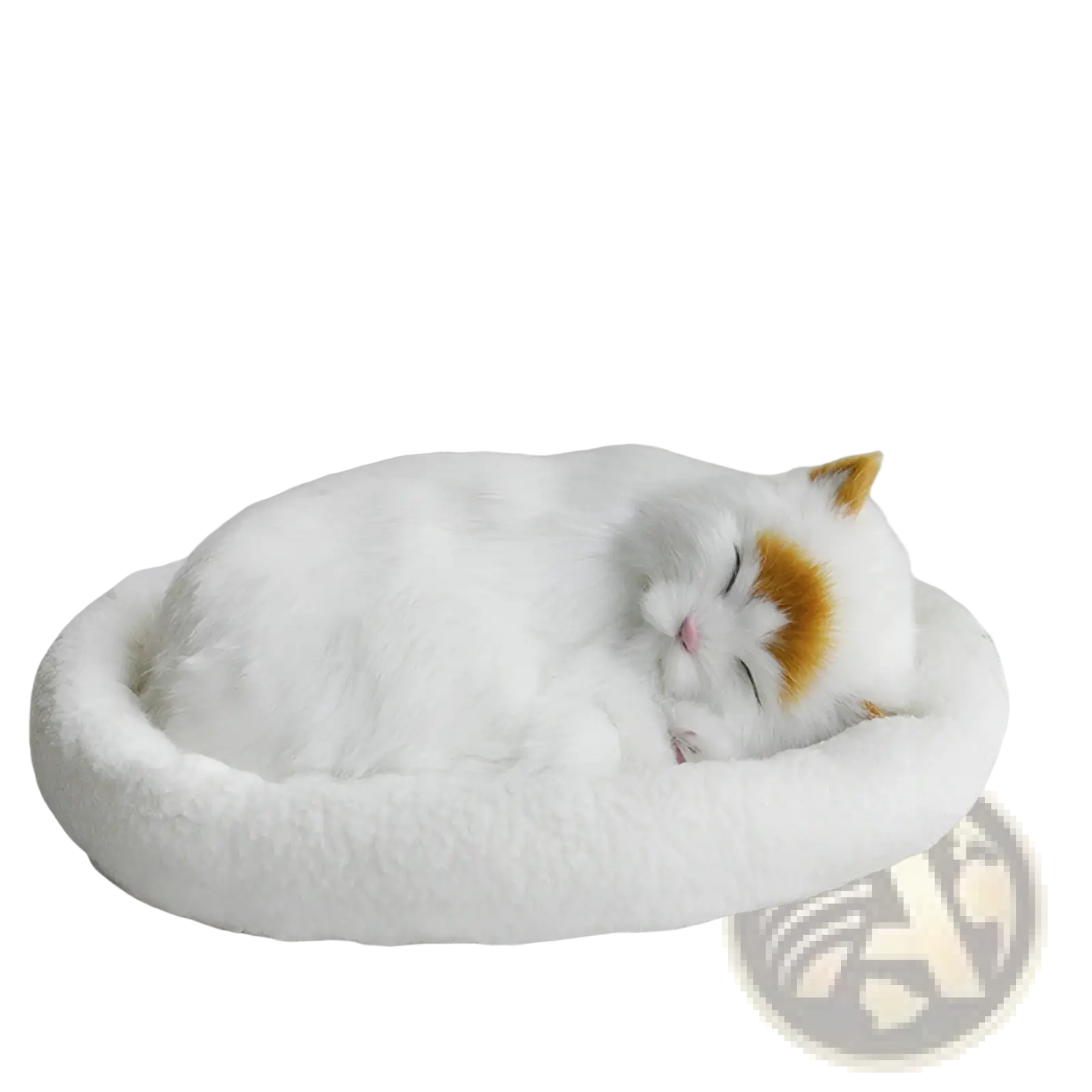 Realistic breathing plush cat figurine in white and orange sleeping peacefully in a soft round pet bed
