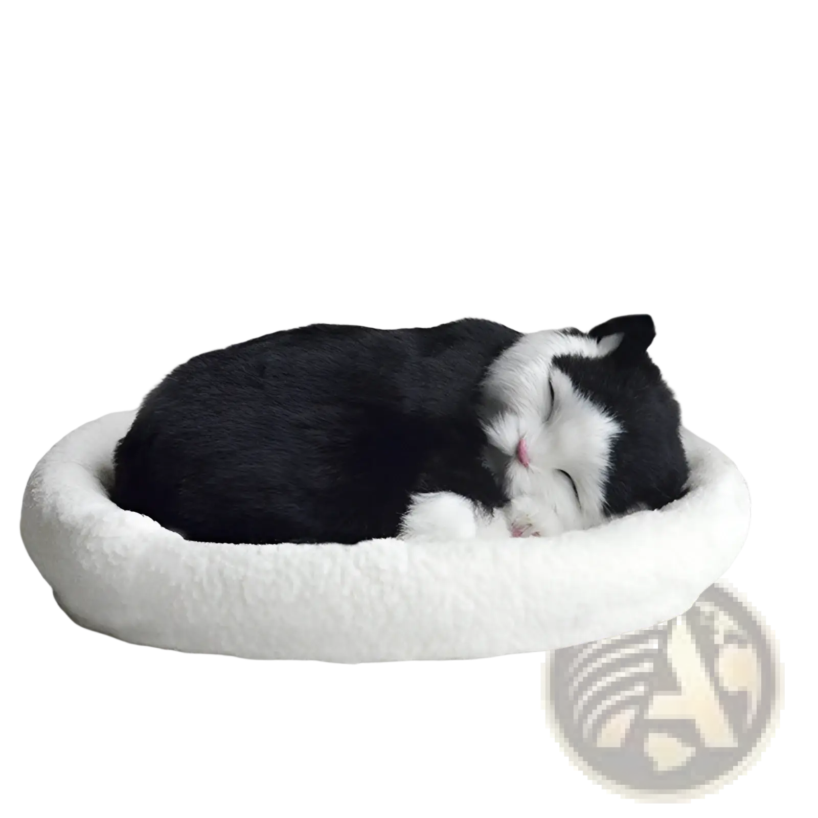 Black and white realistic breathing plush cat figurine nestled in a soft round white pet bed for comfort
