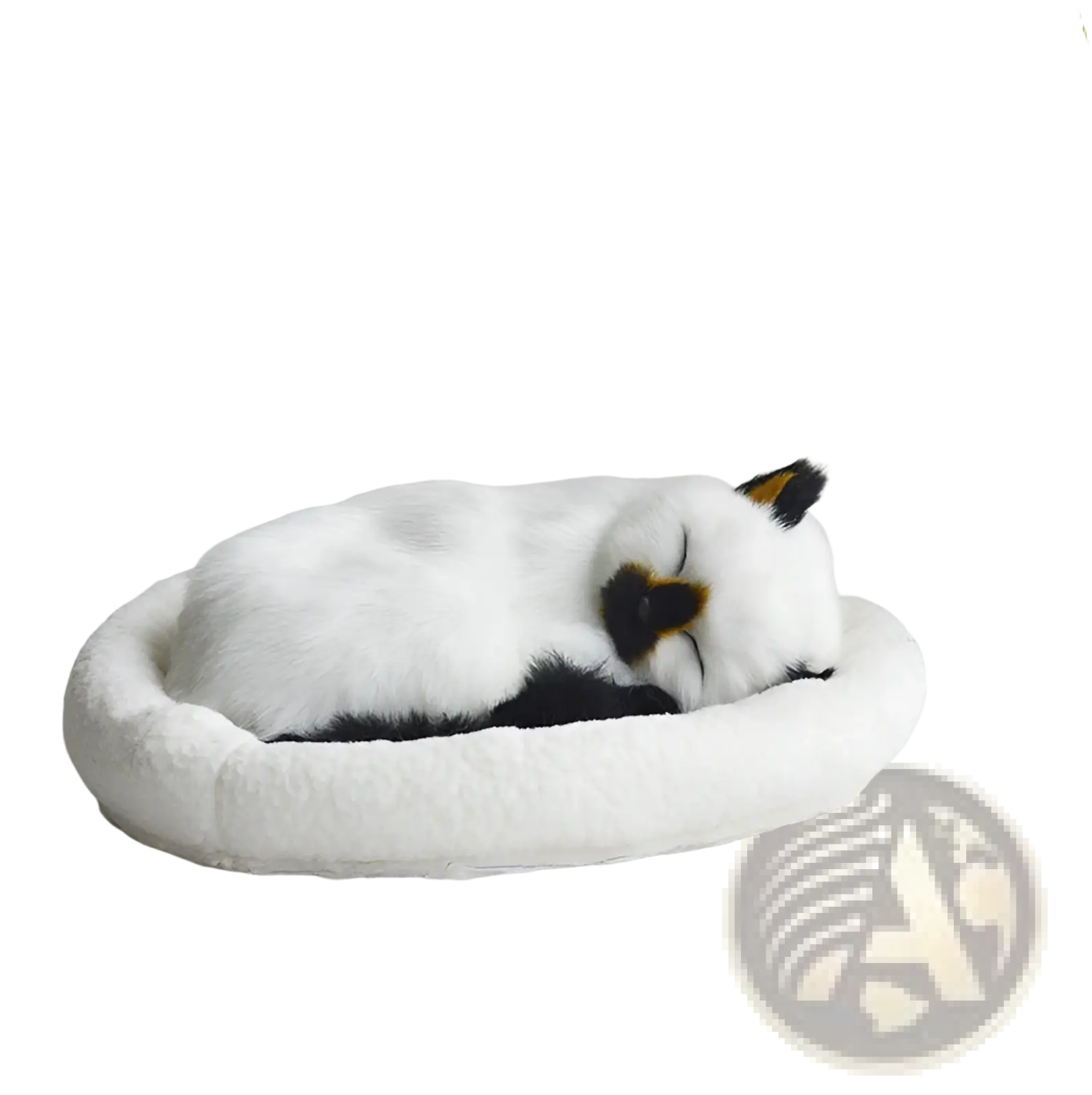 A realistic breathing plush cat figurine in white black and orange curled up in a cozy circular pet bed