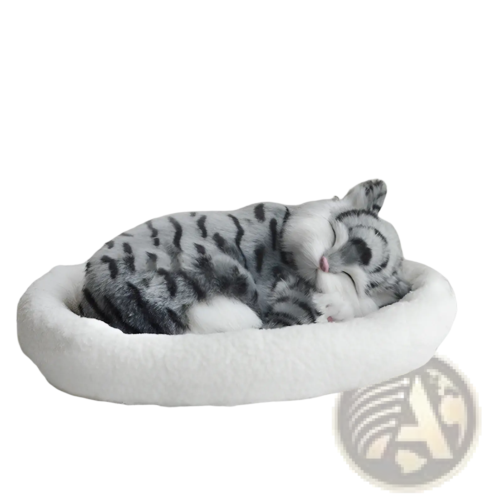 A plush gray and black striped realistic breathing cat figurine nestled in a soft white pet bed
