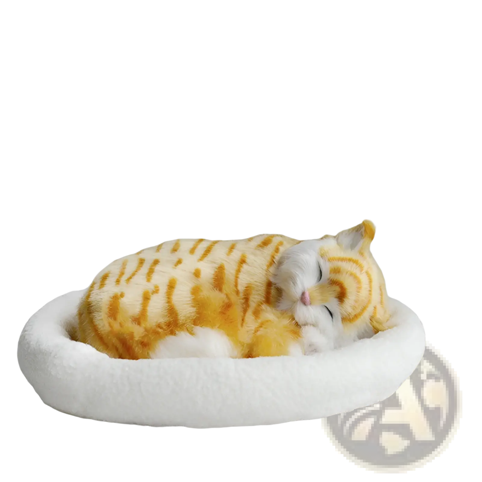 A plush orange and white tabby realistic breathing cat figurine curled up in a soft round white pet bed