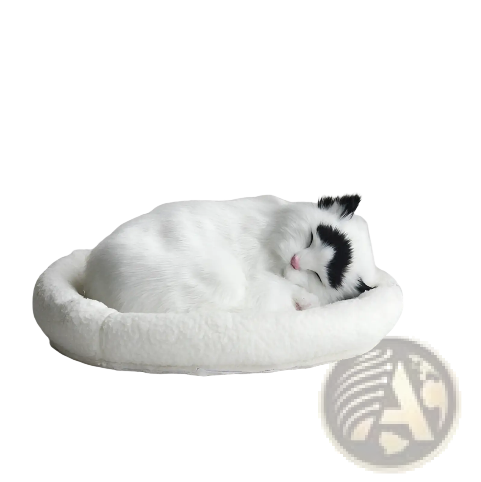 A realistic breathing plush cat figurine in white and black with a pink nose curled in a cream-colored pet bed