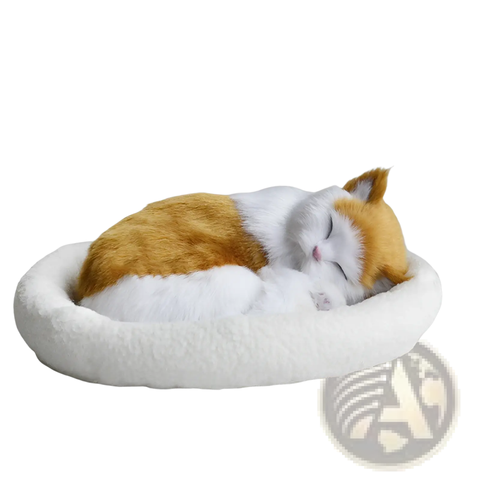 A realistic breathing plush cat figurine in orange and white nestled in a soft round white pet bed