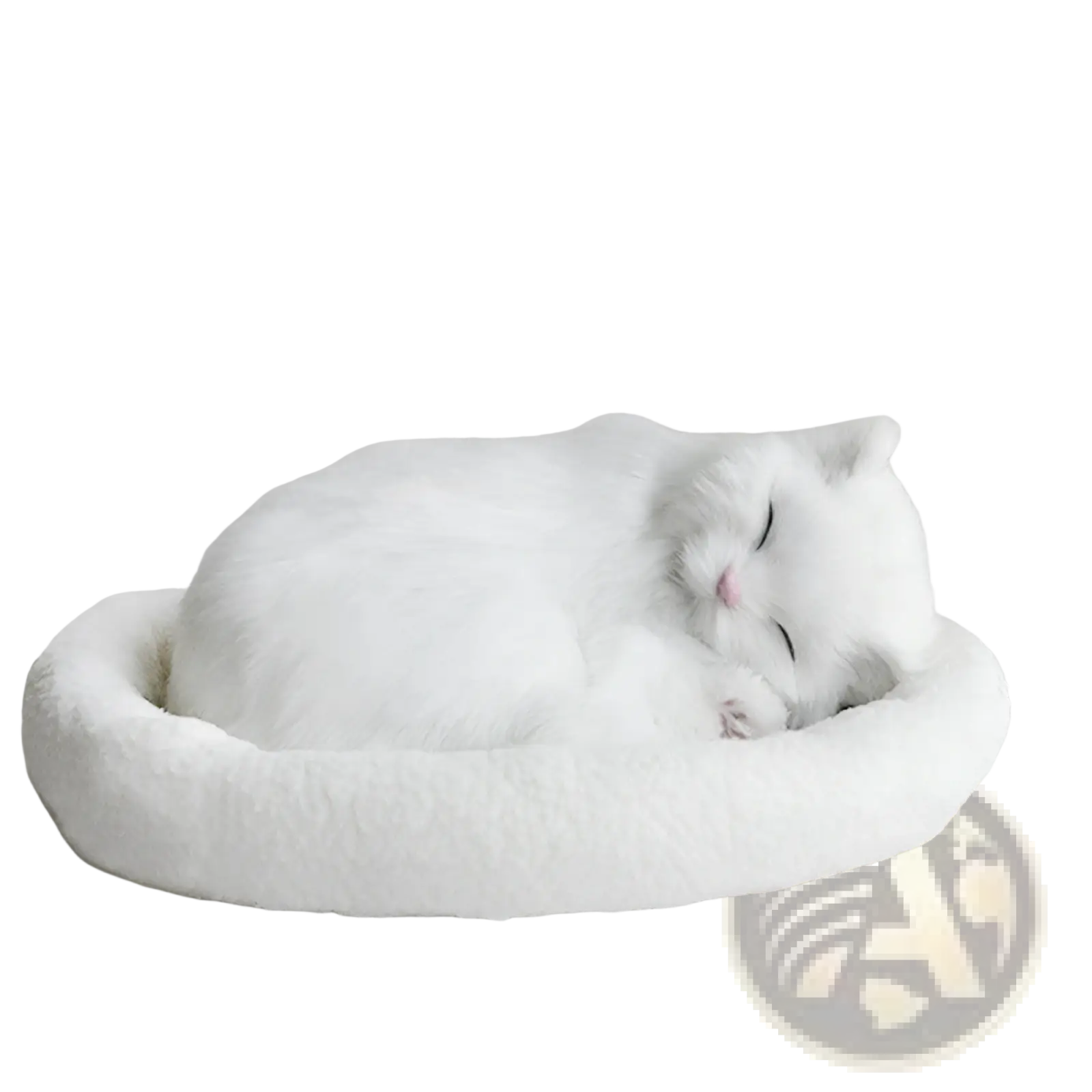 A plush white cat bed with a soft rounded design and cozy texture for the realistic breathing plush cat figurine