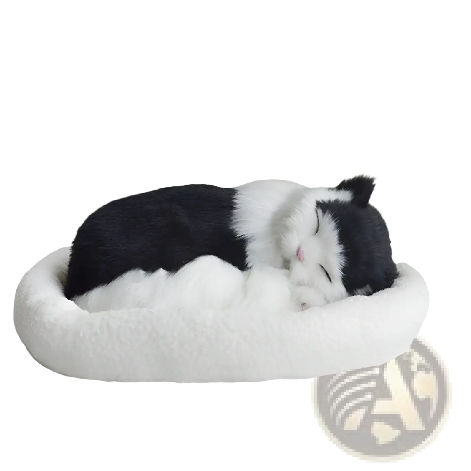 A plush black and white realistic breathing cat figurine nestled in a soft fluffy white pet bed
