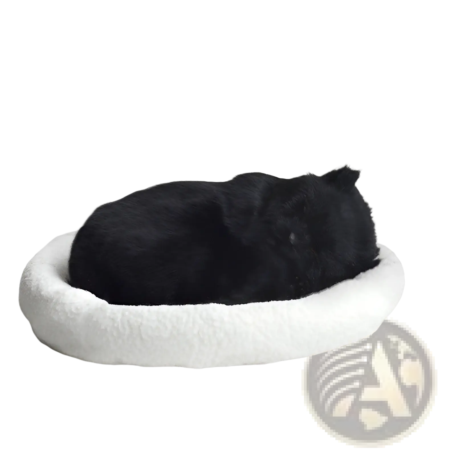 A plush white circular pet bed made of soft fluffy material included with a realistic breathing plush cat figurine
