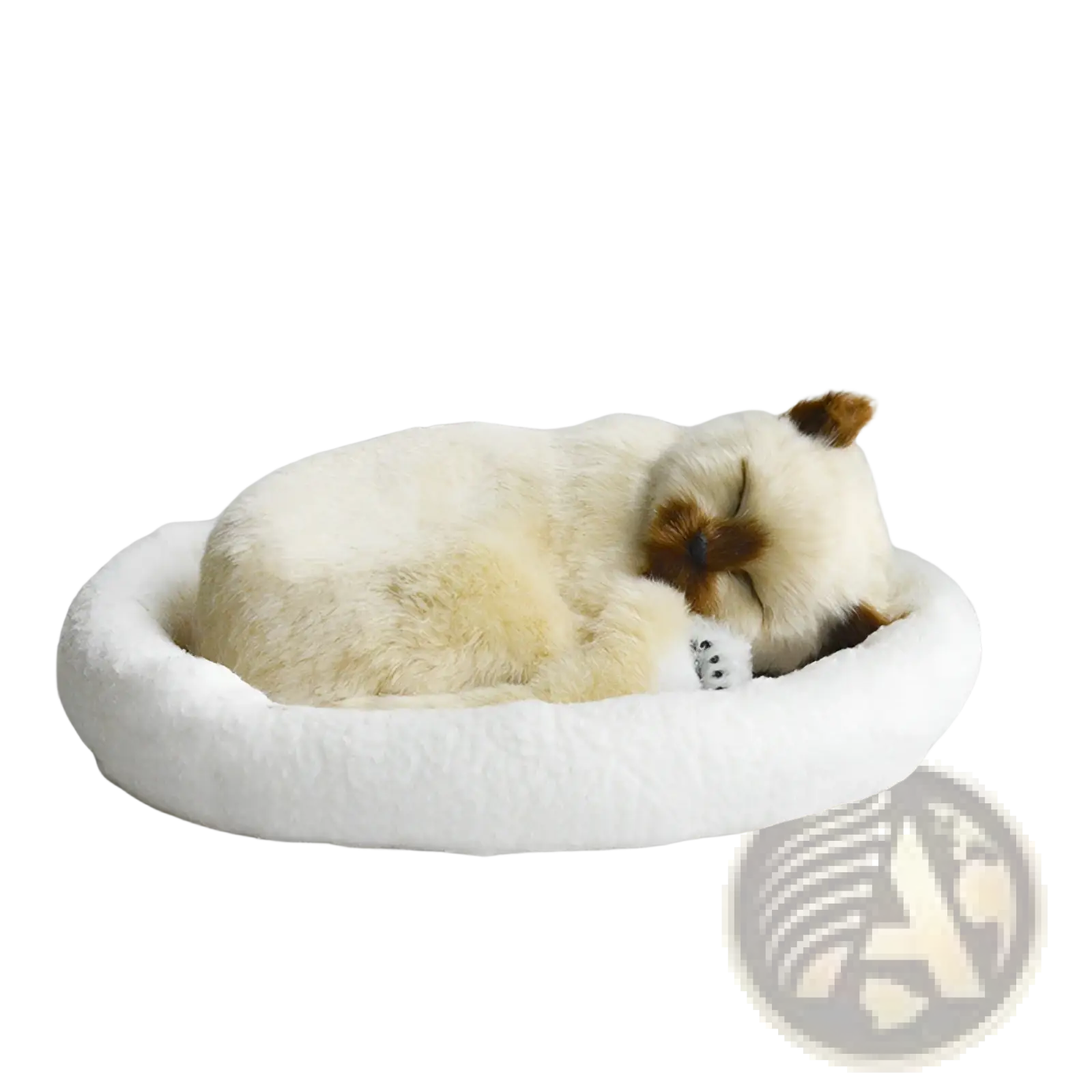 A realistic breathing plush cat figurine in cream with brown accents curled in a white faux-fur pet bed