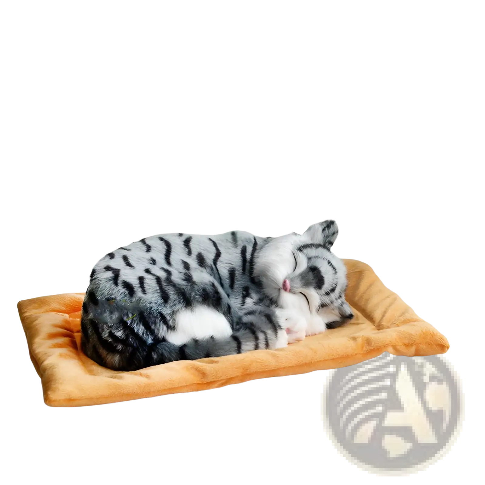 A realistic breathing plush gray and white tabby cat figurine curled up asleep on a soft orange pet bed cushion