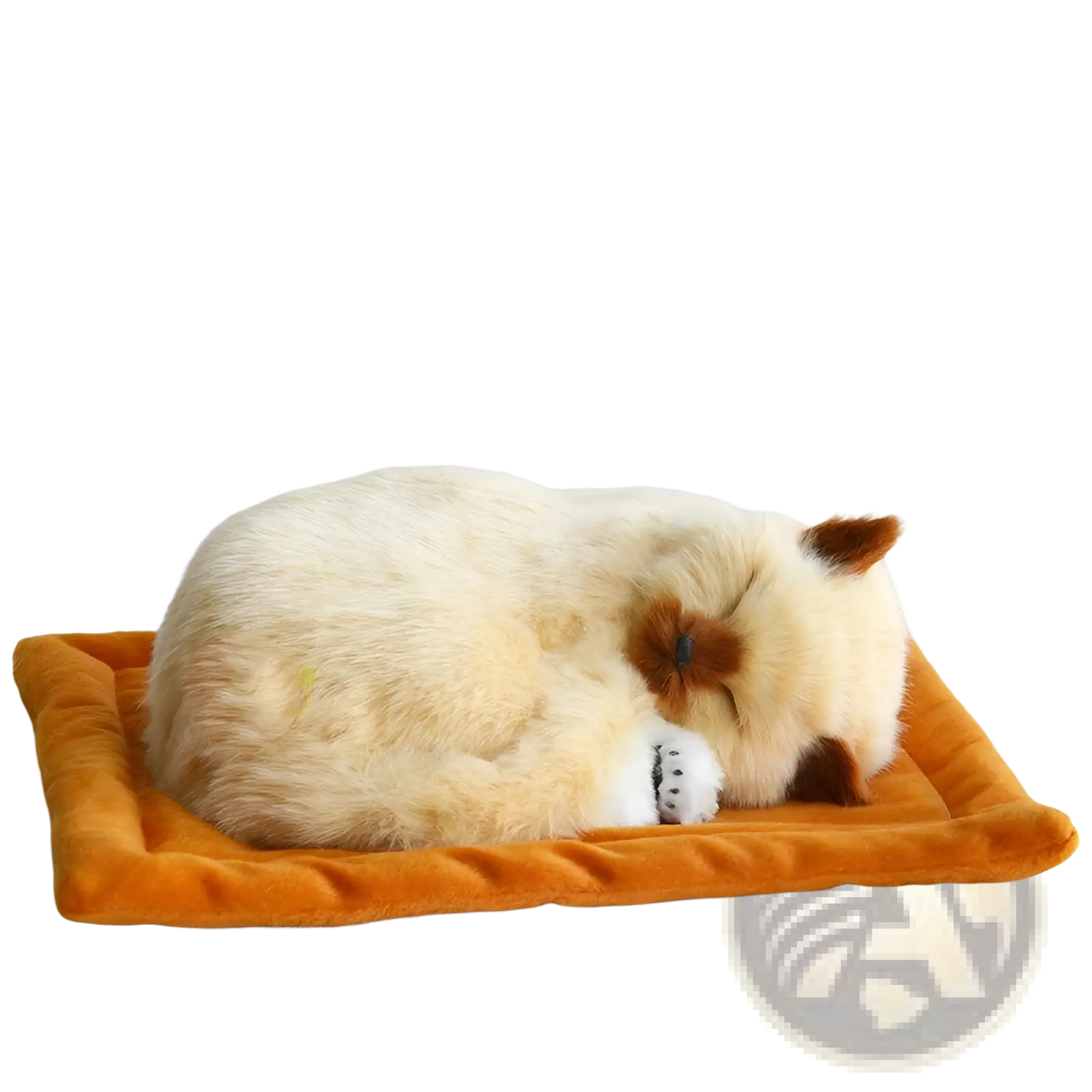 Realistic breathing plush cat figurine cream-colored with brown accents resting on an orange velvet pet bed