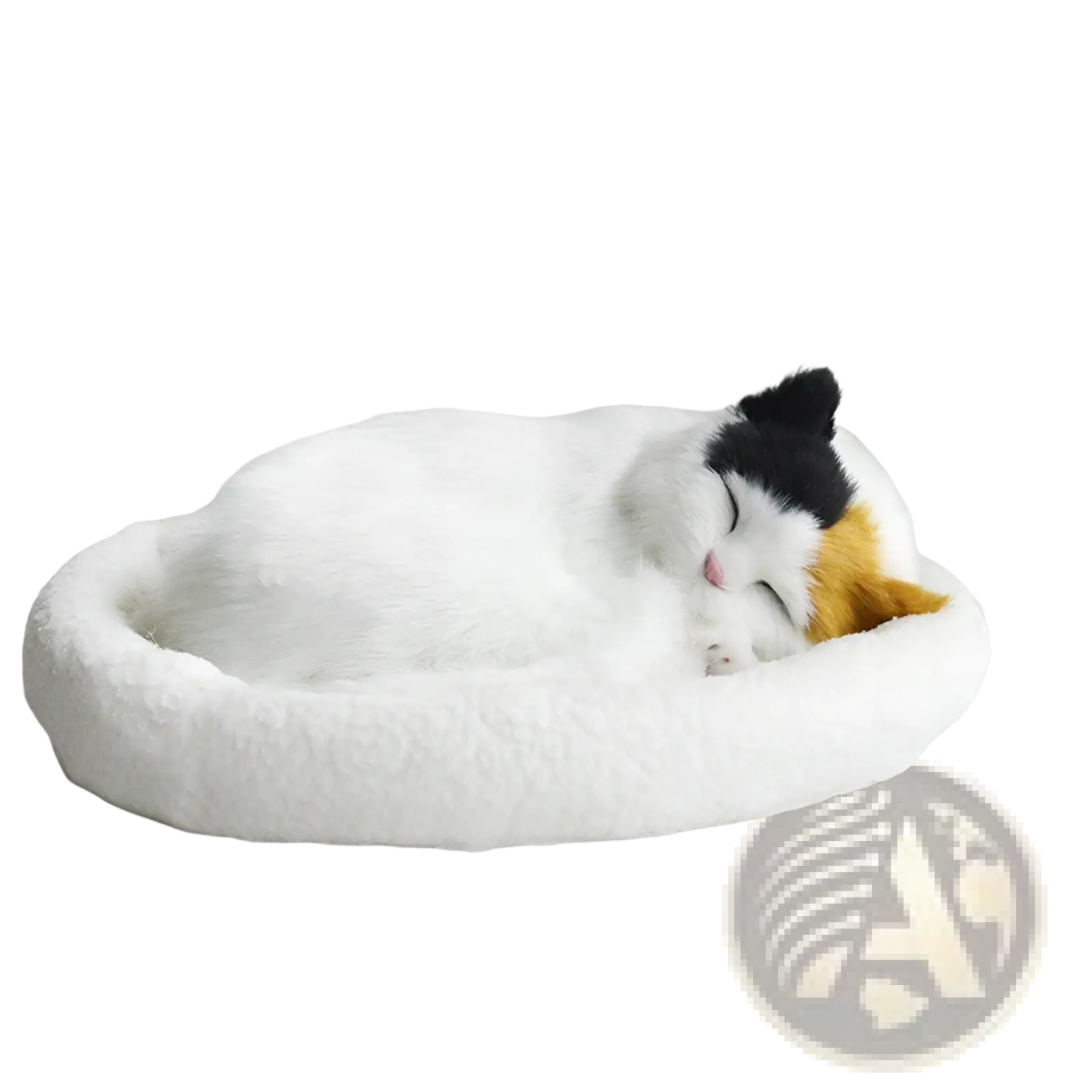 A plush white faux-fur cat bed with a soft rounded shape and cozy texture for the realistic breathing plush cat figurine