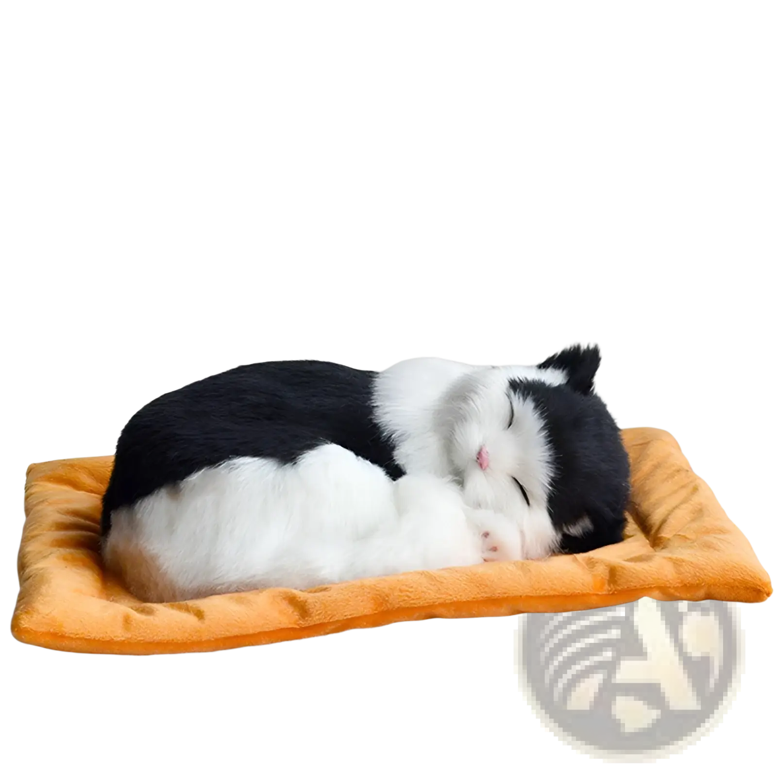 A plush black and white realistic breathing cat figurine sleeping peacefully on an orange pet bed cushion