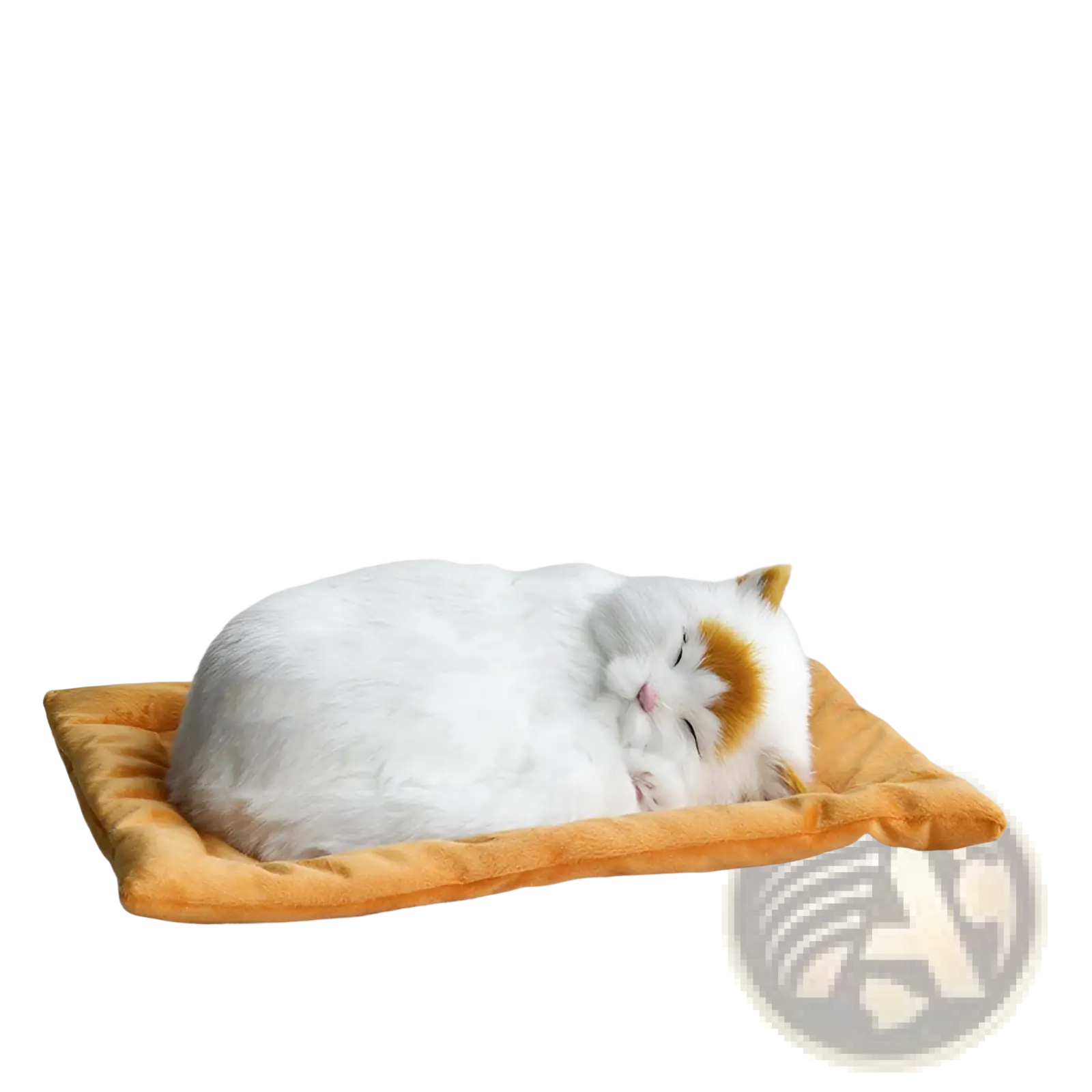 A realistic breathing plush cat figurine with a golden-orange soft velvety pet bed for comfortable resting