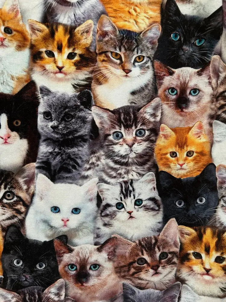 Vintage realistic cat print cotton a-line skirt with pockets featuring a vibrant collage of various cat faces