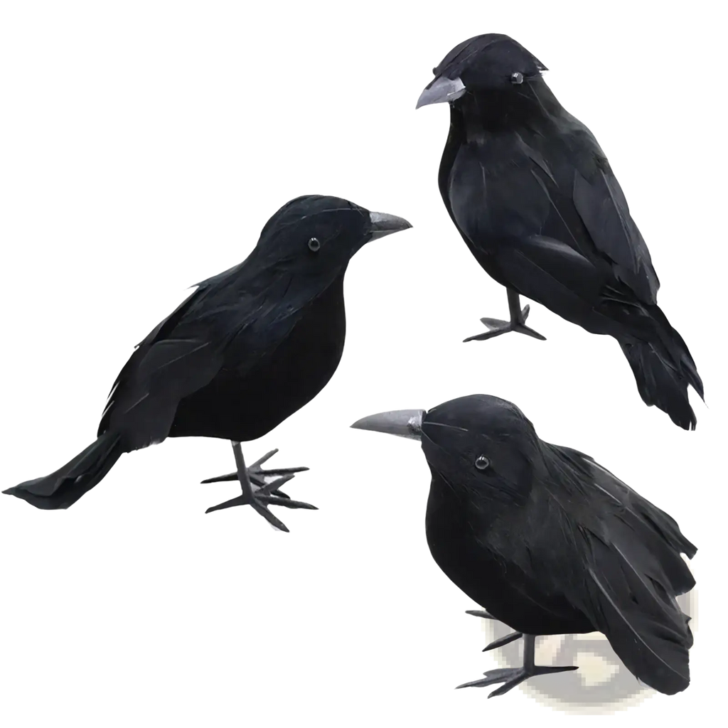Set of three black artificial crows with detailed feather textures and metallic beaks for realistic Halloween decoration