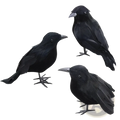 Set of three black artificial crows with detailed feather textures and metallic beaks for realistic Halloween decoration