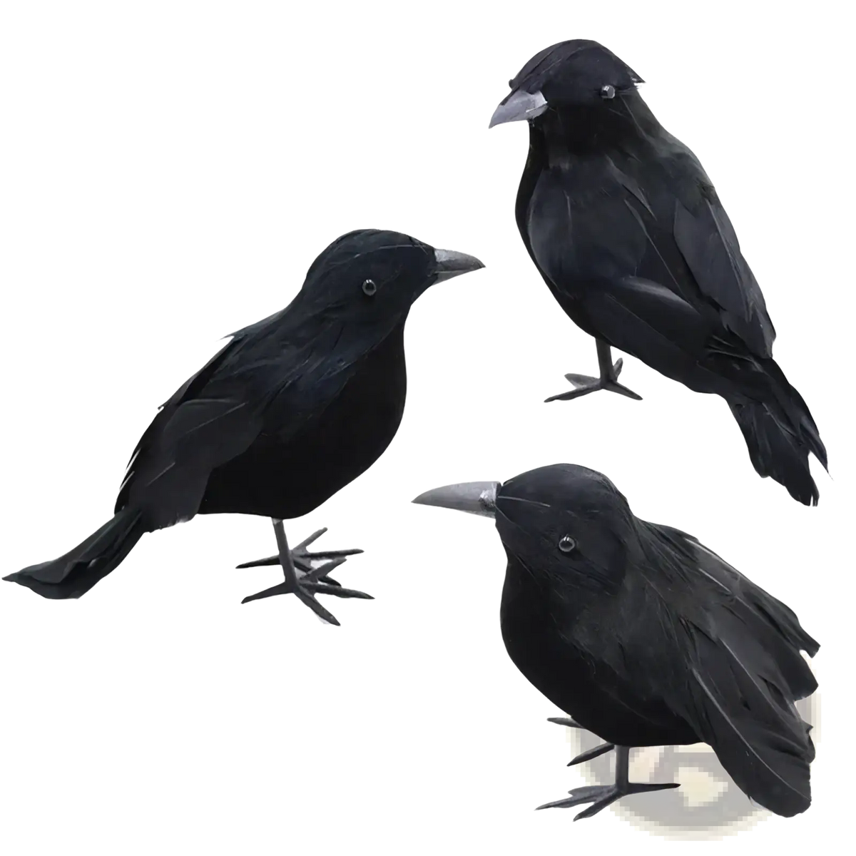 Set of three black artificial crows with detailed feather textures and metallic beaks for realistic Halloween decoration