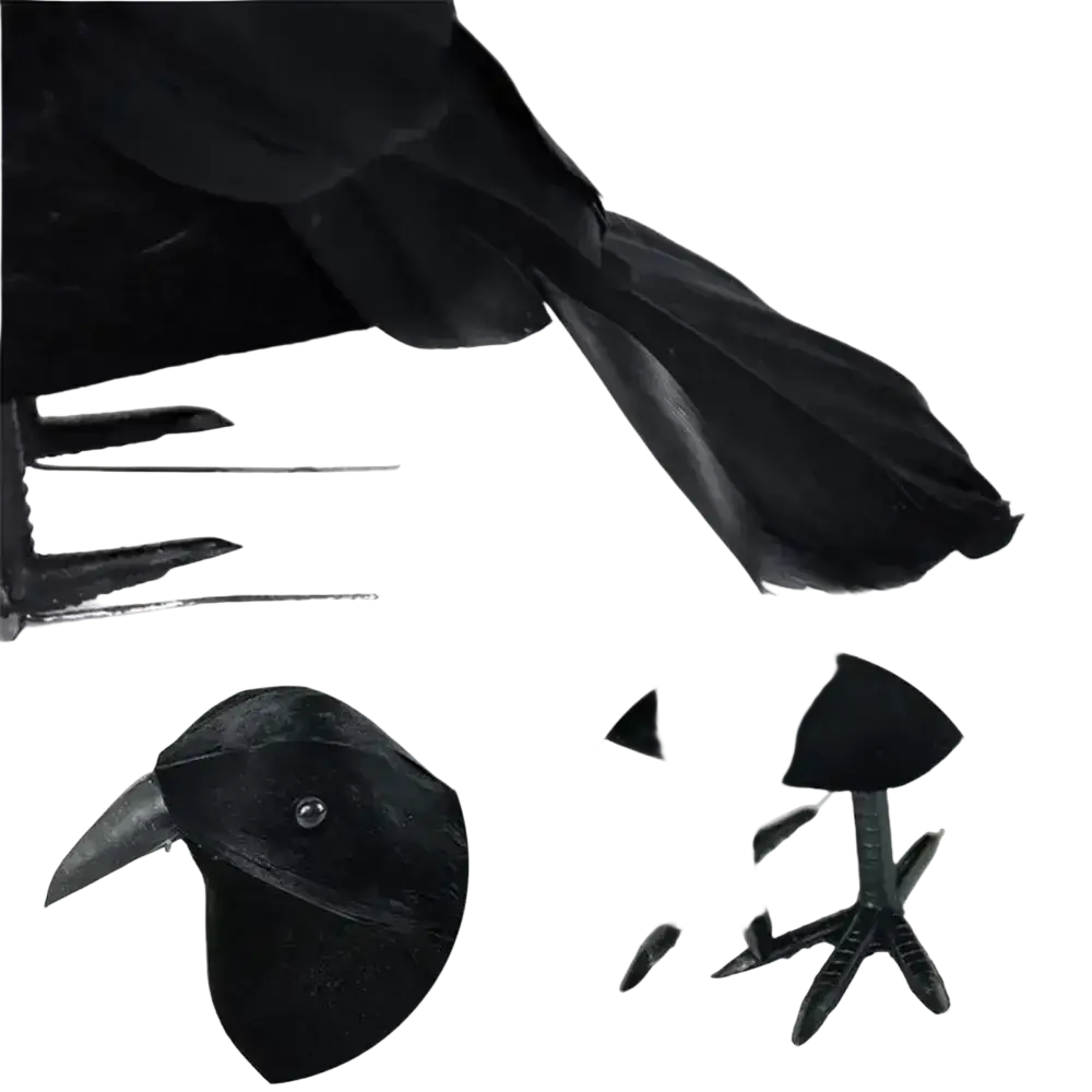 Realistic halloween black crow garden ornament made of black metal with detailed beak and feet for halloween decor