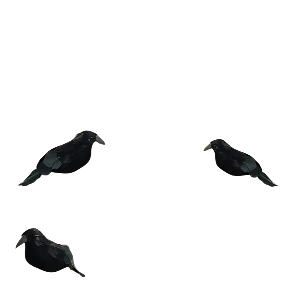 Realistic halloween black crow decoration showing black plastic crows perched atop woven pumpkin displays