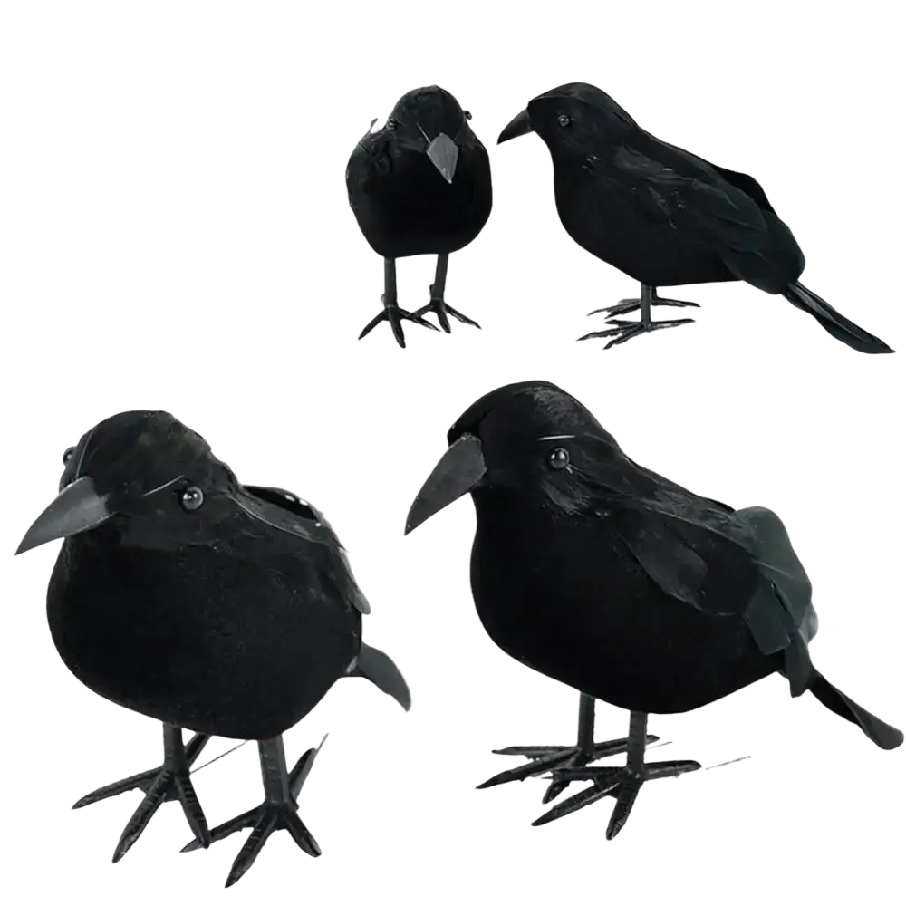 Realistic halloween black crow decoration featuring glossy black plastic feathers and metallic beaks for festive decor