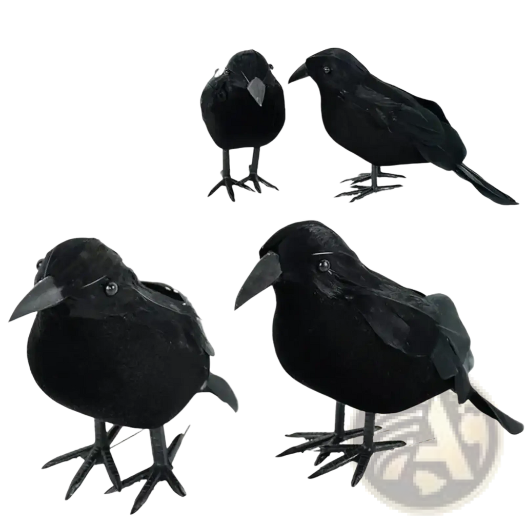 Realistic halloween black crow decoration featuring glossy black plastic feathers and metallic beaks for festive decor