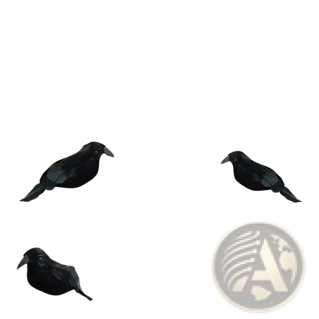 Realistic halloween black crow decoration showing black plastic crows perched atop woven pumpkin displays