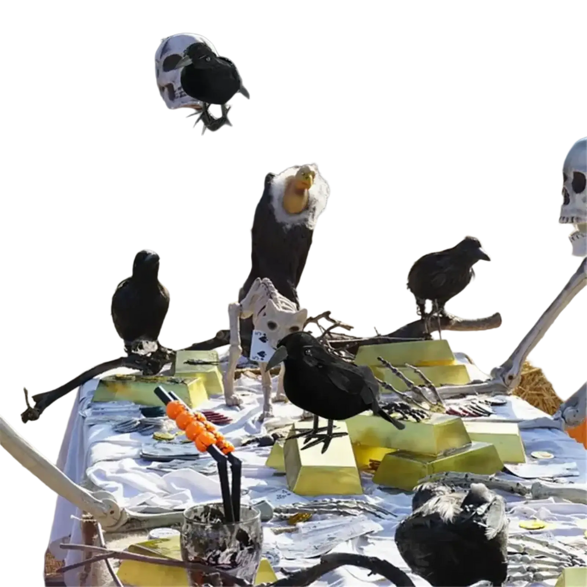 Realistic Halloween black crow decoration of glossy black plastic perched on a branch with detailed features