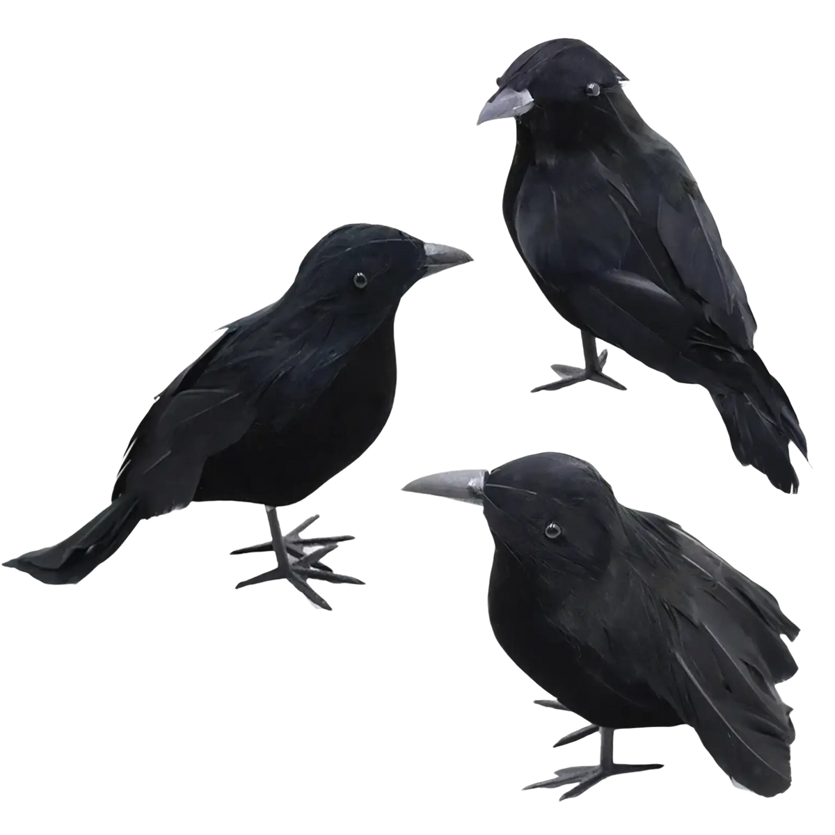 Set of three black artificial crows with detailed feather textures and metallic beaks for realistic Halloween decoration