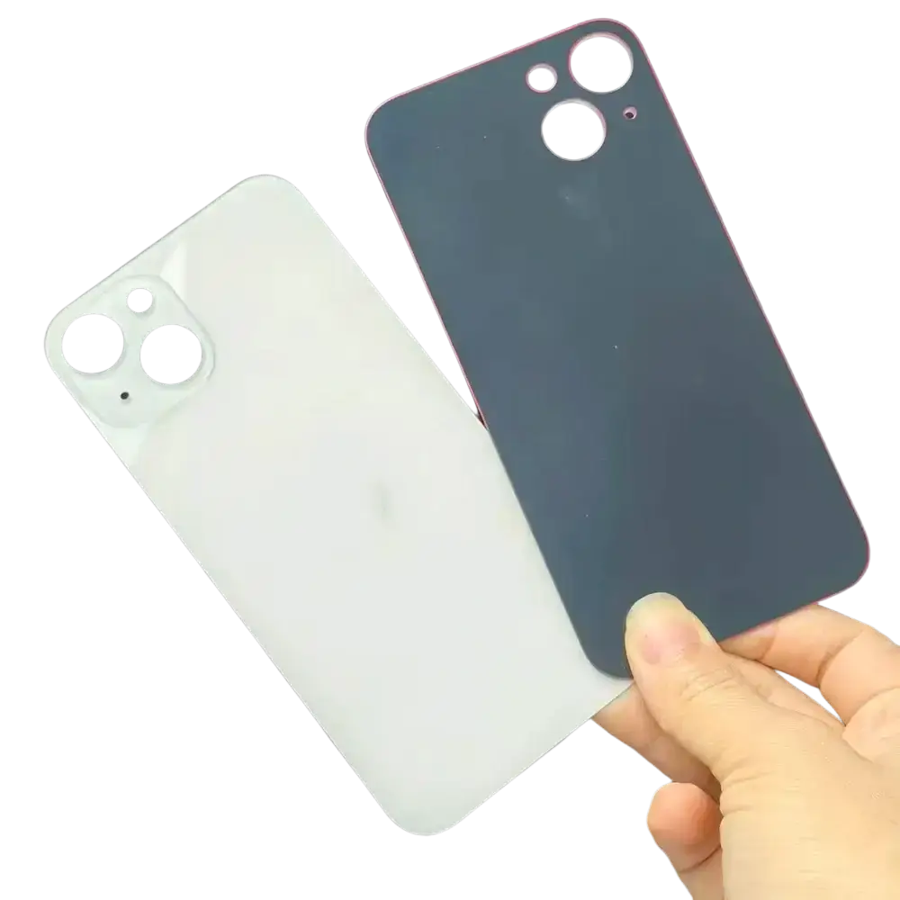 Two iphone 13 rear cover glass panels in matte white and dark gray with pink edge trim for cover glass replacement