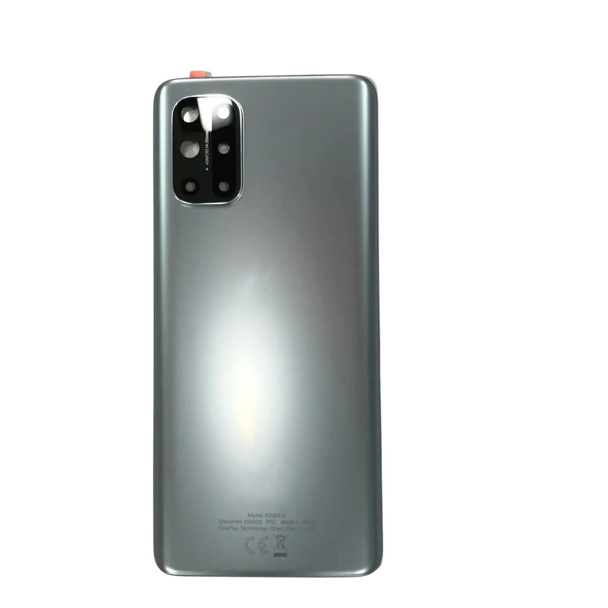 Silver-colored rear door housing panel case for oneplus 8t 5g featuring a rectangular camera module with orange accent