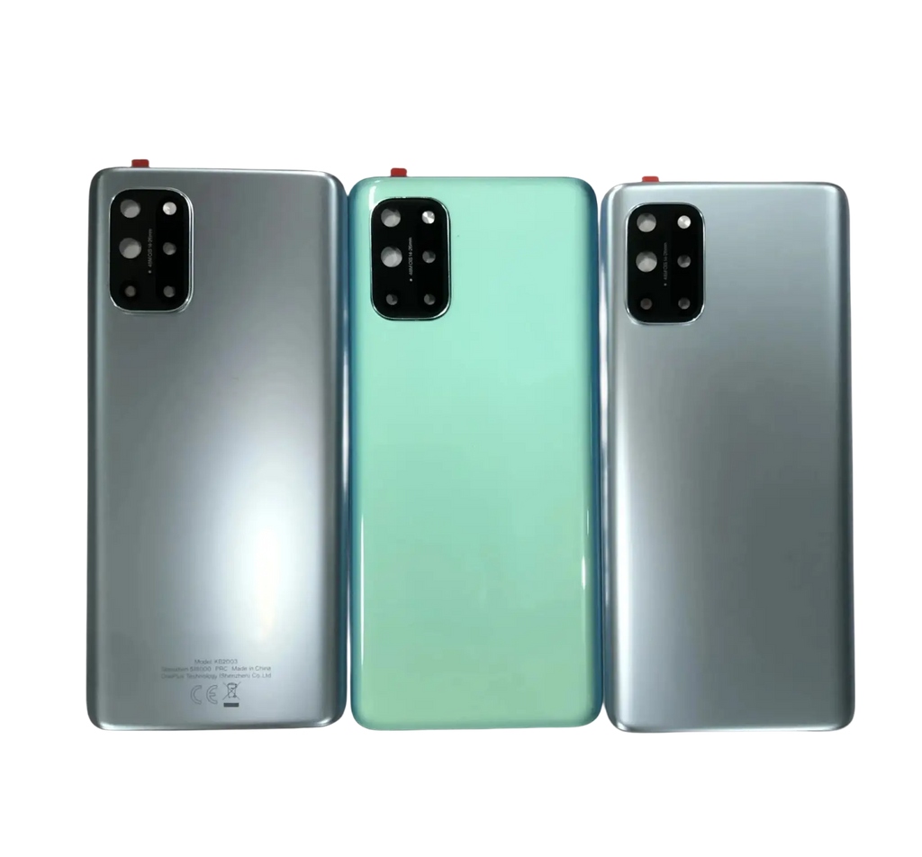Three oneplus 8t rear door housing panels in silver and mint green with sleek glass finish and brand logo
