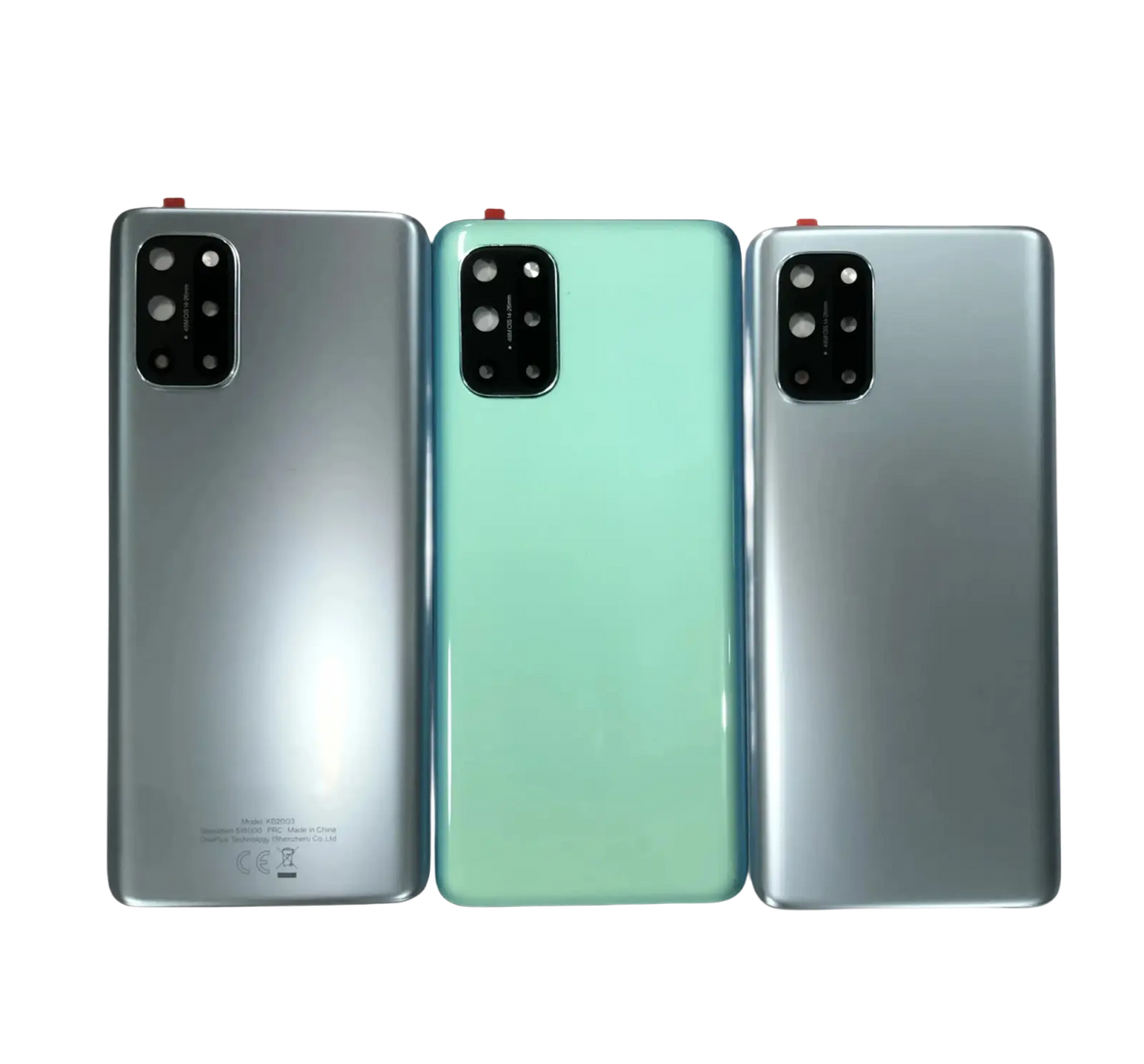 Three oneplus 8t rear door housing panels in silver and mint green with sleek glass finish and brand logo