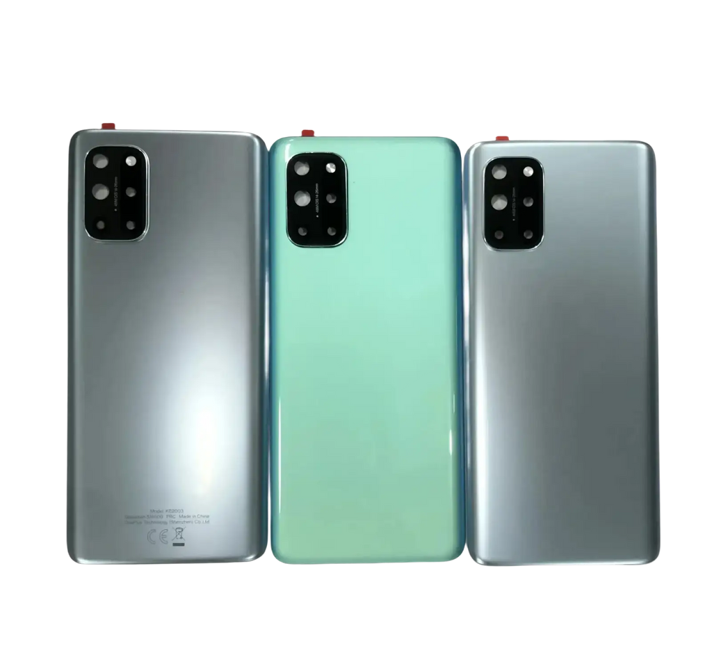Back side of oneplus 8t 5g rear door housing panel case in metallic silver and mint green gradient with rectangular camera module
