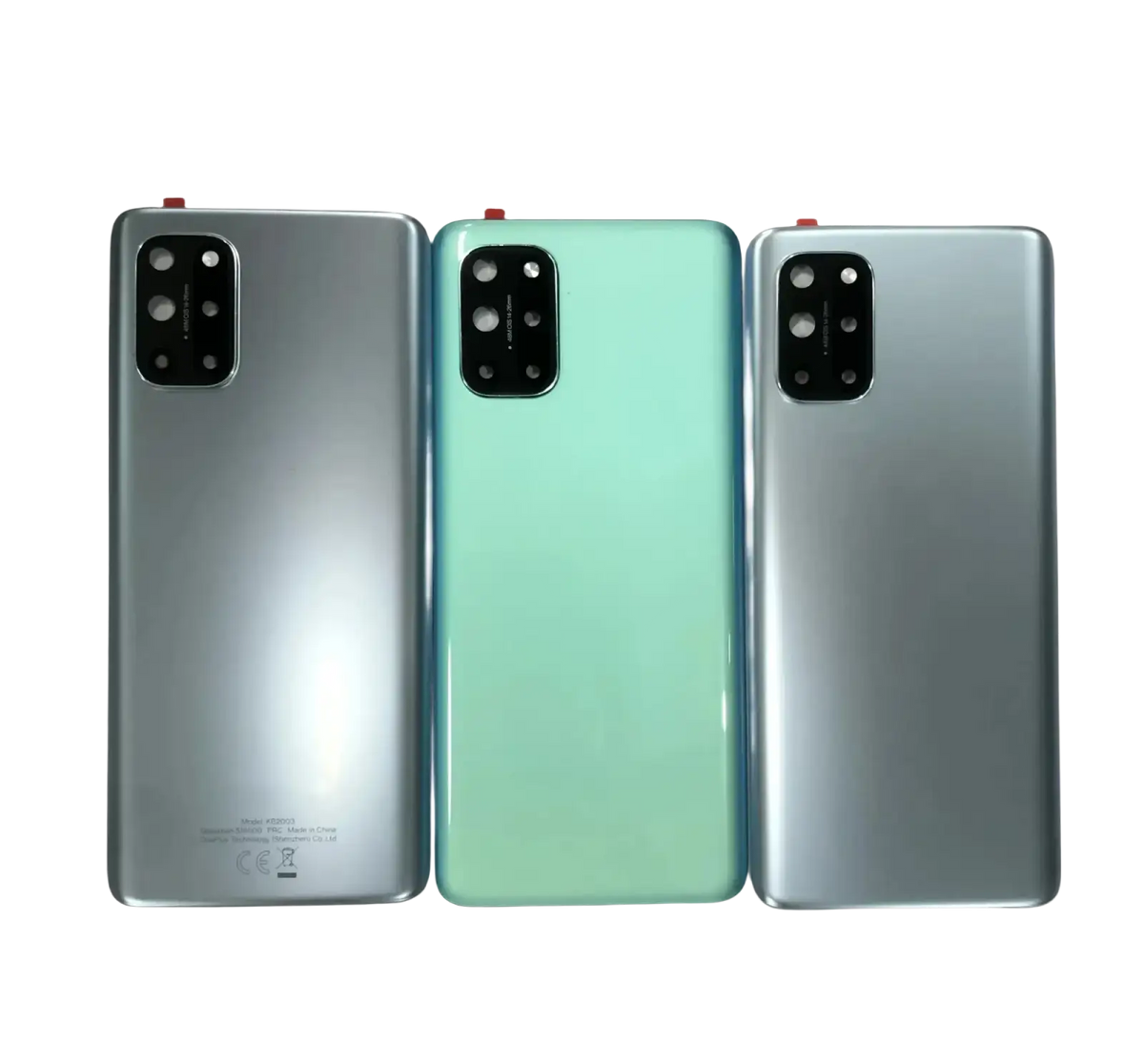 Back side of oneplus 8t 5g rear door housing panel case in metallic silver and mint green gradient with rectangular camera module