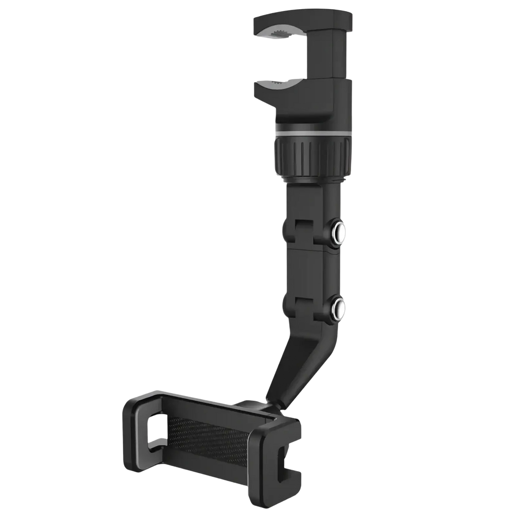 Black rearview mirror car phone holder with adjustable flexible arm textured grip and 360 rotatable feature
