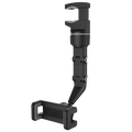 Black rearview mirror car phone holder with adjustable flexible arm textured grip and 360 rotatable feature